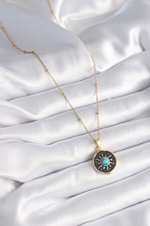 316L Çelik Gold Renk Mavi Boncuk Güneş İşleme Madalyon Model Kadın Kolye