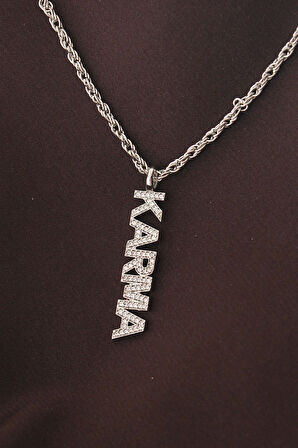 Gümüş Renkli Zirkon Taşlı Karma Yazılı Kolye