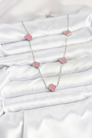 316L Çelik Zincir Gümüş Renk Pembe Baby Boy Yonca Kadın Kolye