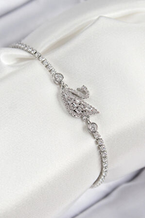 Pirinç Zirkon Taşlı Kuğu Model Gümüş Renk Kadın Bileklik