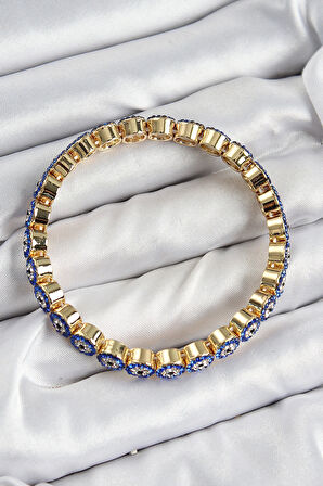 Pirinç Zirkon Taşlı Lacivert Nazar Model Gold Renk Lastikli Kadın Bileklik