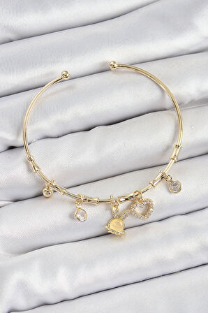 Pirinç Zirkon Taşlı Tavşan Ve Kalp Model Gold Renk Charm Bileklik