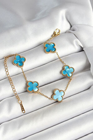 316L Çelik Sedefli Gökyüzü Mavisi Gold Renk Yonca Kadın Bileklik