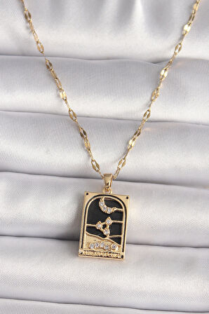 316L Çelik Gold Renk Zirkon Taşlı Ay Figürlü Tarot Model Kadın Kolye