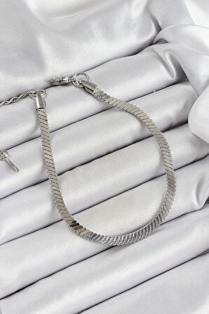 316L Çelik Gümüş Renk Yassı Zincir Model Kadın Bileklik