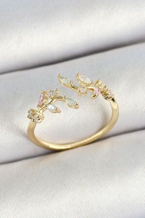 Pirinç Yaprak Figürlü Zirkon Taşlı Gold Renk Ayarlanabilir Kadın Yüzük
