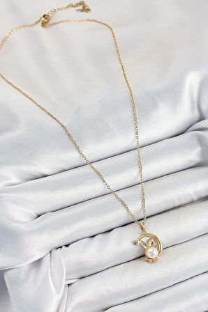 316L Çelik İnci Detaylı Hilal Tavşan Model Gold Renk Kadın Kolye