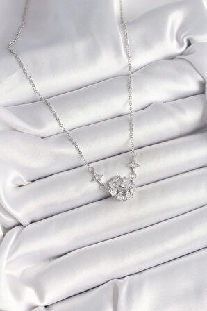 316L Çelik Gümüş Renk Zirkon Taşlı Hilal Kalp Model Kadın Kolye