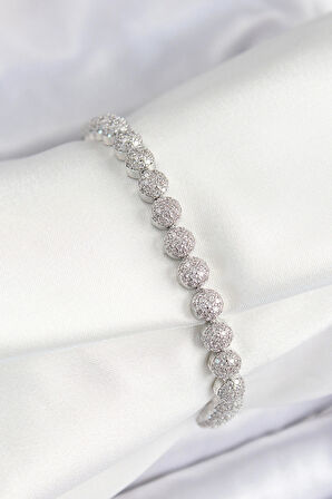 Pirinç Zirkon Taşlı Yarım Topcuk Model Gümüş Renk VIP Seri Kadın Bileklik