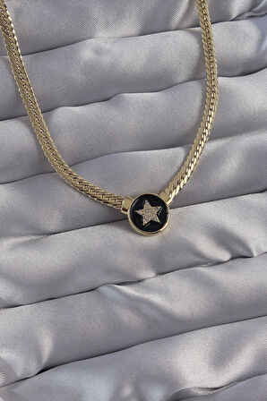 Pirinç Gold Renk Zirkon Taşlı Yıldız Model Siyah Mineli Ezme Zincirli Serenay Kolyesi