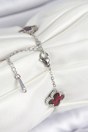 316L Çelik Sedefli Kırmızı Gümüş Renk Yonca Kadın Bileklik