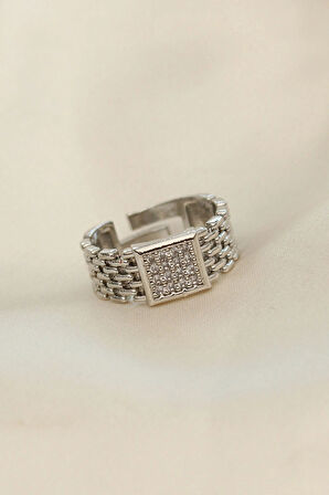 Ayarlamalı Gümüş Renk Kare Zirkon Taşlı Yüzük