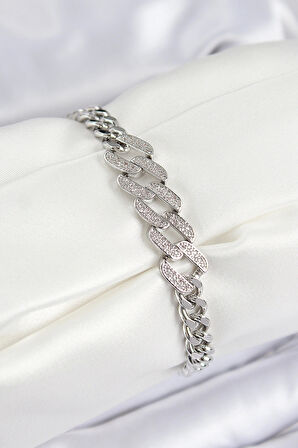 Pirinç Zirkon Taşlı Ezme Küba Zincir Model Gümüş Renk Kadın Bileklik