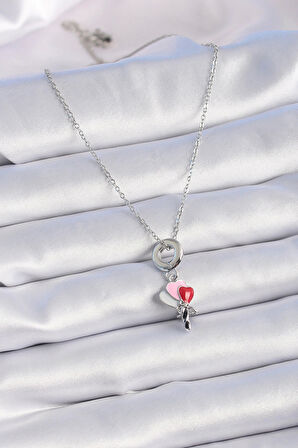 316L Çelik Gümüş Renk Renkli Kalp Figür Charm Model Kadın Kolye