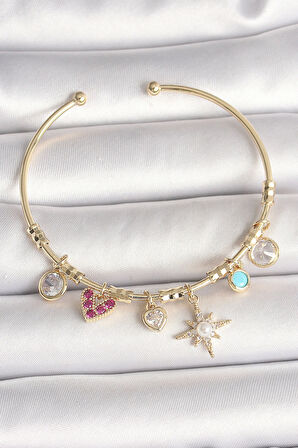 Pirinç Gold Renk Zirkon Taşlı Sallantı Kutup Yıldız Figür İnci Detay Charm Kadın Bileklik