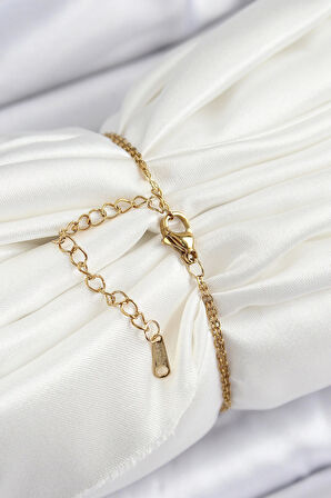 316L Çelik Zincir Pembe Mineli Sanatsal Portre İnci Detaylı Çiçek Model Gold Renk Kadın Bileklik