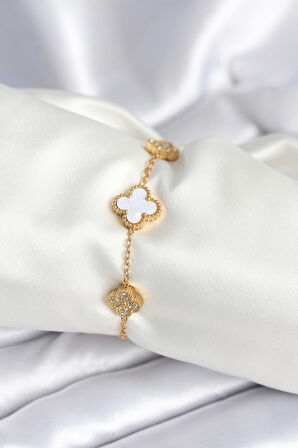 316L Çelik Zincir Zirkon Taşlı Yonca Beyaz Kadın Bileklik