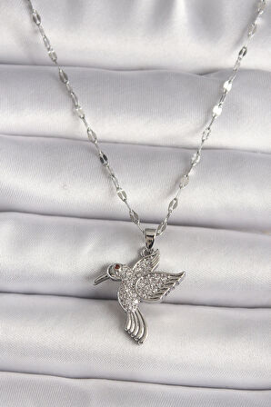 316L Gümüş Renk Zirkon Taşlı Sinek Kuşu Model Kadın Kolye