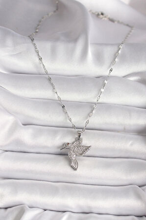 316L Gümüş Renk Zirkon Taşlı Sinek Kuşu Model Kadın Kolye