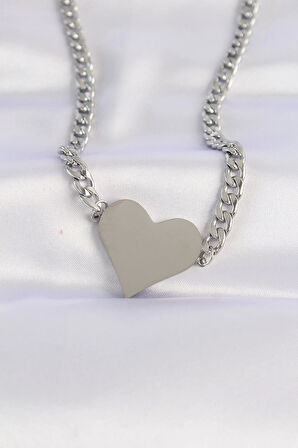 316L Çelik Zincir Gümüş Renk Düz Plaka Kalp Kolye