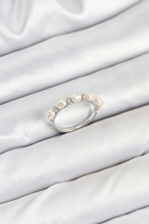 Pirinç Gümüş Renk Sıralı İncili Kadın Yüzük