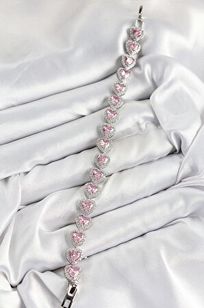 Pirinç Zirkon Taşlı Pembe Kalp Baget Model Gümüş Renk VIP Seri Kadın Bileklik