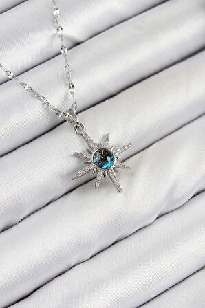 316L Çelik Zirkon Taşlı Kutup Yıldızı Model Gümüş Renk Kadın Kolye