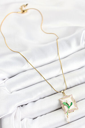 316L Çelik Zincir Beyaz Sanatsal Portre Sallantılı İnci Detaylı Lale Model Gold Renk Kadın Kolye