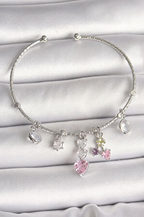 Pirinç Gümüş Renk Sallantı Zirkon Taşlı Kalp Figür Charm Kadın Bileklik