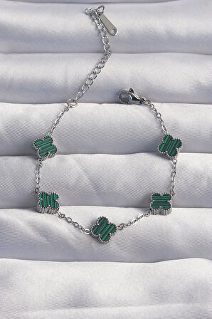 316L Çelik Baby Boy Gümüş Renk Çizgili Yeşil Mineli Yonca Bileklik