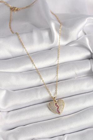 316L Çelik Gold Renk Zincir Zirkon Taşlı Kalp Model Kadın Kolye