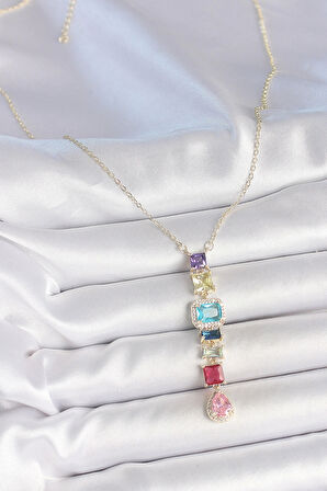 Gold Karışık Renk Zirkon Taşlı Y Pirinç Kolye