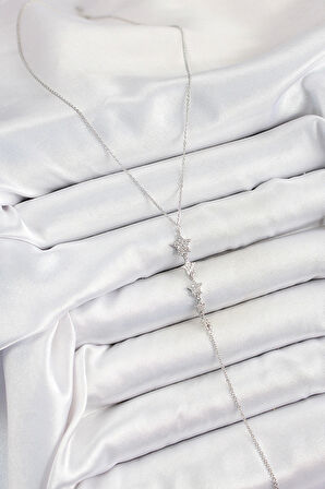 Pirinç Zirkon Taşlı Sıralı Yıldız Figürlü Y Model Gümüş Renk Kadın Kolye