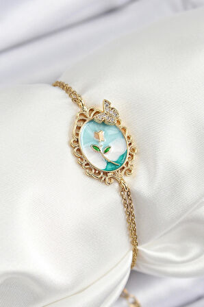 316L Çelik Zincir Mineli Sanatsal Portre Zirkon Taşlı Kelebek Detaylı Çiçek Model Gold Renk Kadın Bileklik