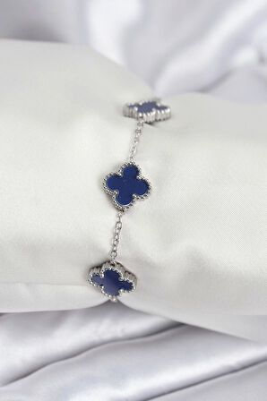 316L Çelik Zincir Gümüş Renk Lacivert Yonca Kadın Bileklik