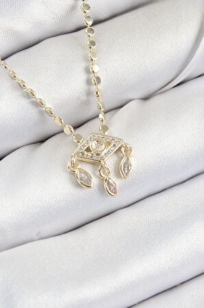 Pirinç Zirkon Taşlı Sallantılı Göz Model Ezme Zincir Gold Renk Kadın Kolye