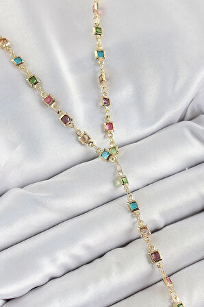 Pirinç Asorti Kare Model Gold Renk Zirkon Taşlı Y Kolye