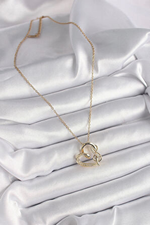 316L Çelik Gold Renk Zincir Zirkon Taş Detaylı Kalp Model Sonsuzluk Detay Kadın Kolye