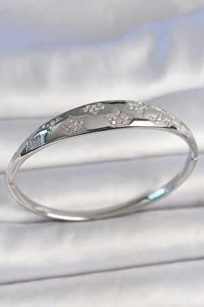 Pirinç Gümüş Renk Zirkon Taşlı Yıldız İşlemeli Kadın Kelepçe