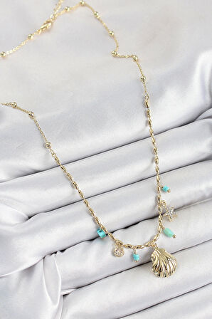 Pirinç Zirkon Taşlı Deniz Kabuğu Model Gold Renk Kadın Kolye