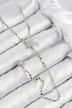 Pirinç Zirkon Taşlı Ezme Zincirli Kutup Yıldızı Model Gümüş Renk Y Kolye