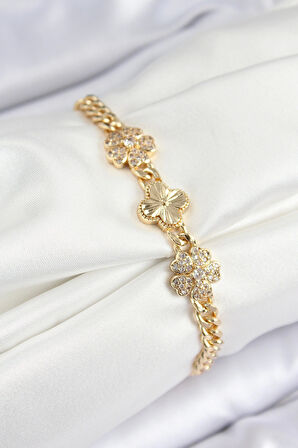 Pirinç Zirkon Taşlı Yonca Model Gold Renk Kadın Bileklik