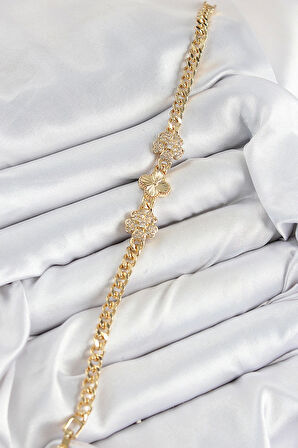 Pirinç Zirkon Taşlı Yonca Model Gold Renk Kadın Bileklik