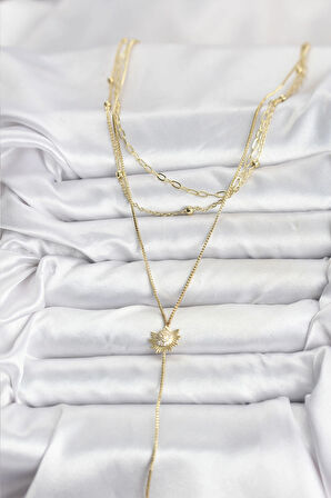 Pirinç Gold Renk Zirkon Taşlı Güneş Model Detaylı 3'lü Kombin Y Kadın Kolye