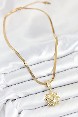 316L Çelik Zirkon Taşlı Güneş Model Gold Renk Kadın Kolye