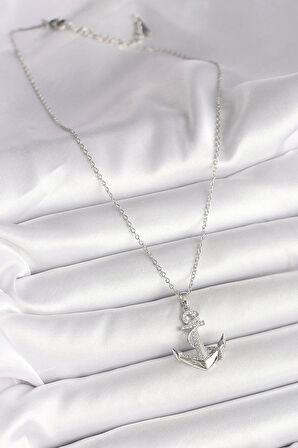 316L Çelik Gümüş Renk Zincir Zirkon Taş Detaylı Çapa Model Kadın Kolye