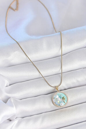 316L Çelik Gold Renk Zincir Zirkon Taş Detaylı Mavi Mineli Çiçek İşlemeli İnci Detay Kadın Kolye