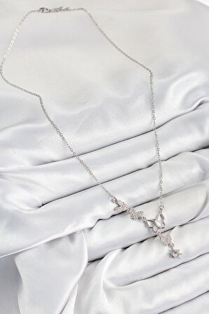 316L Çelik Zirkon Taşlı Kelebek Model Gümüş Renk Kadın Kolye