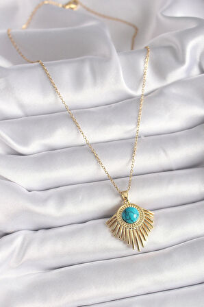 316L Çelik Gold Renk Zincir Mavi Boncuk Güneş Model Kadın Kolye