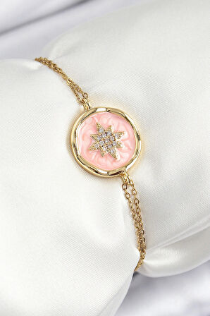 316L Çelik Zincir Pembe Mineli Sanatsal Portre Kuzey Yıldızı Model Gold Renk Kadın Bileklik